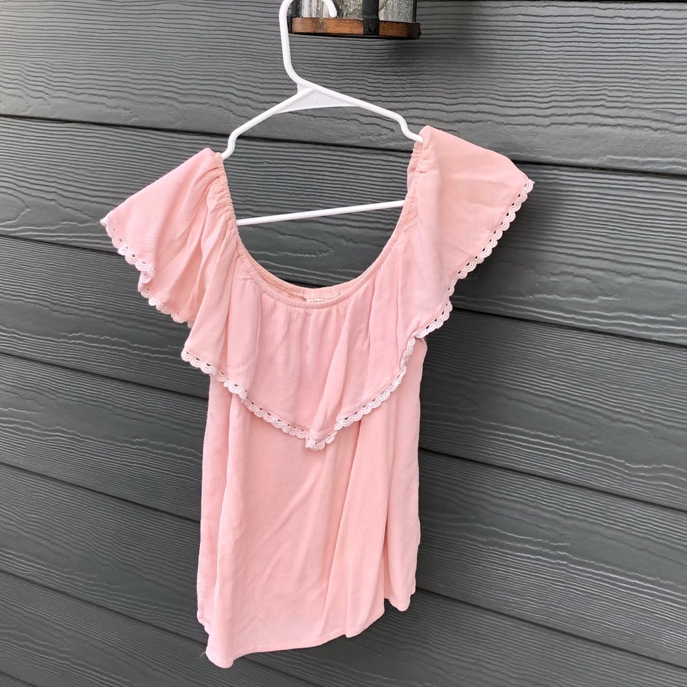 Pink off the shoulder ruffle shirt